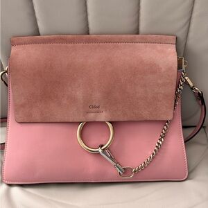 Chloé Faye Pink Suede & Leather Shoulder Bag with Gold Ring